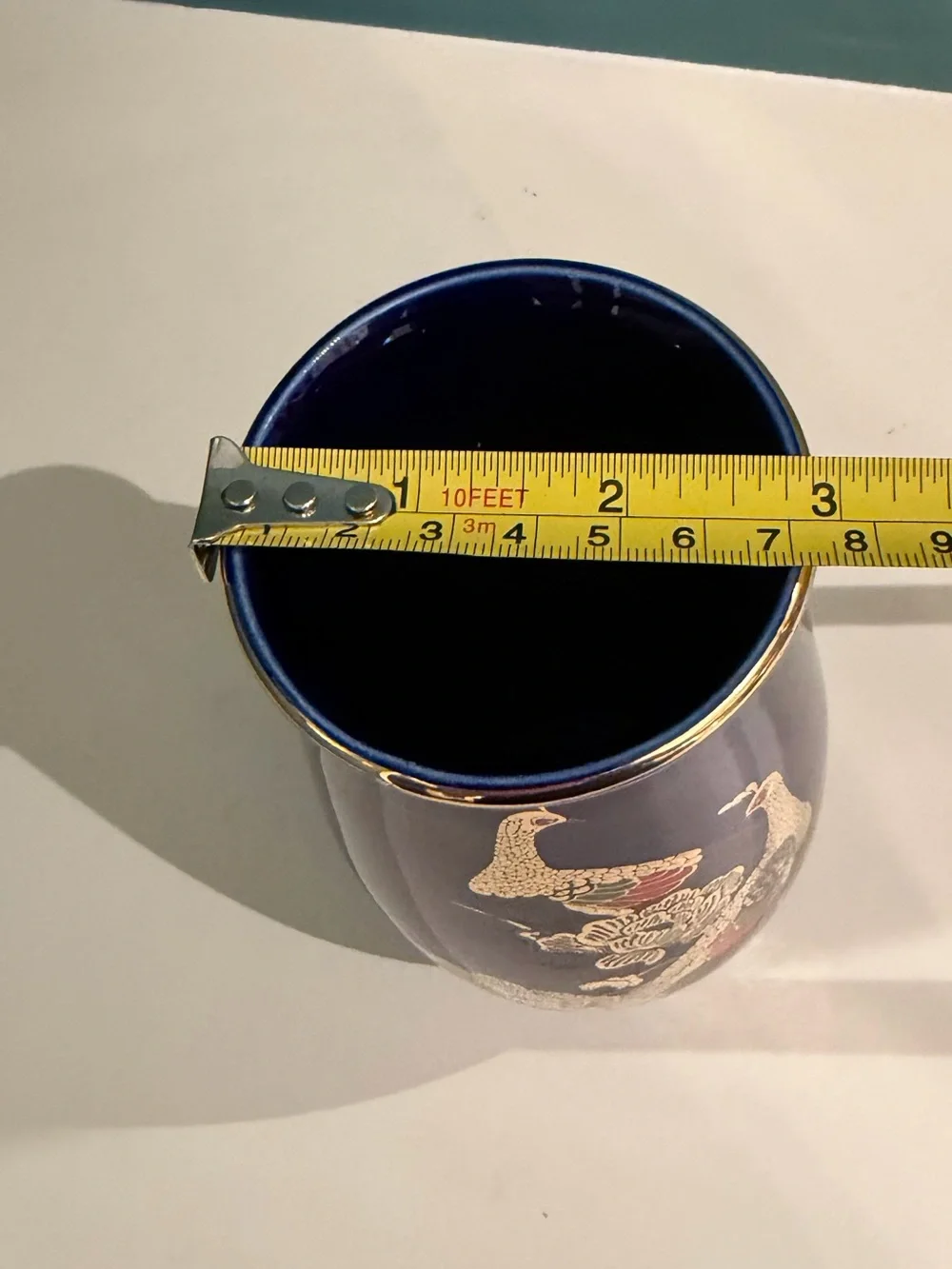 Vintage Japanese Kutani Cobalt Blue Peacock Porcelain Vase Gold Gilt 7.5”